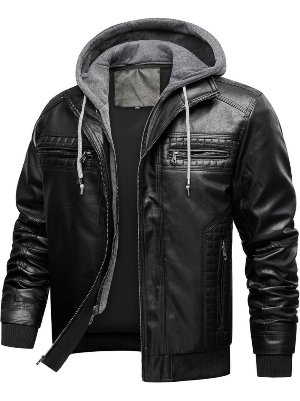 Men's Faux Leather Motorcycle Bomber Jacket with Removable Hood - Stylish